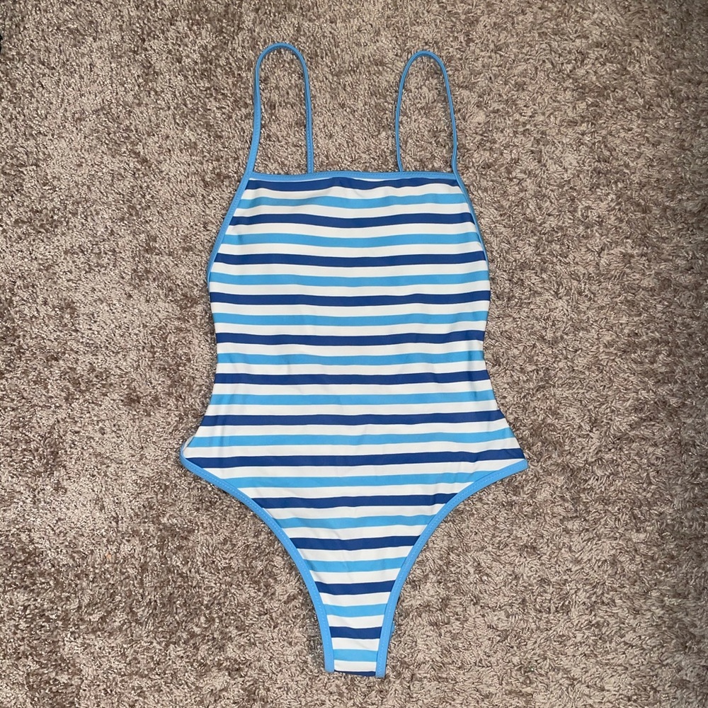 Aerie Blue Striped Apron One Piece Swimsuit